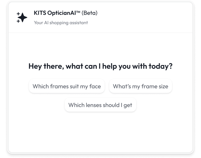 KITS OpticianAI chat screen with suggested questions about frames and lenses