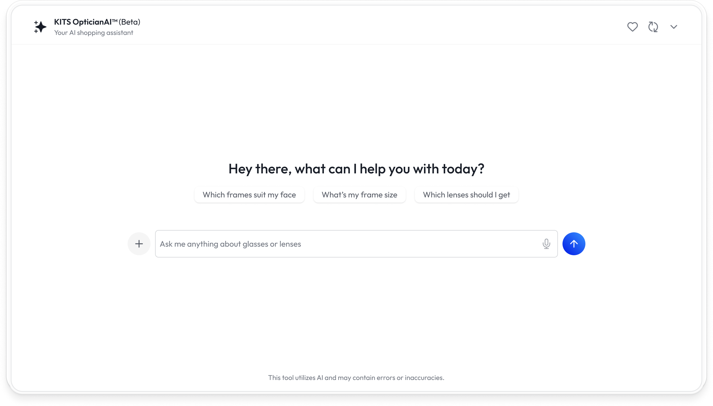 KITS OpticianAI chat screen with suggested questions about frames and lenses