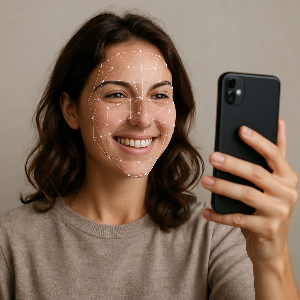 Smiling woman holding up a phone while a face-scan mesh maps her features
